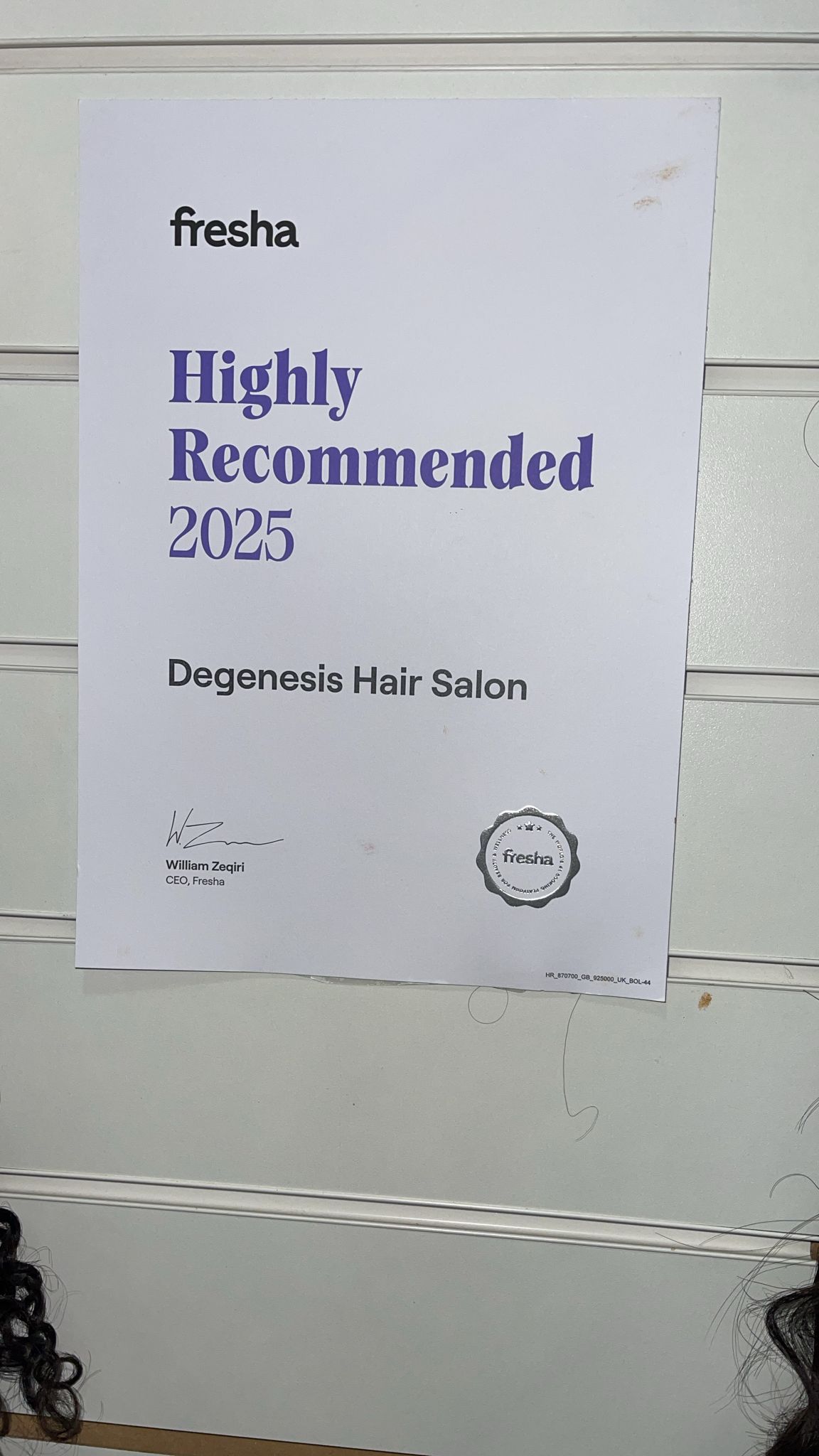 Fresha Highly Recommended 2025 Certificate